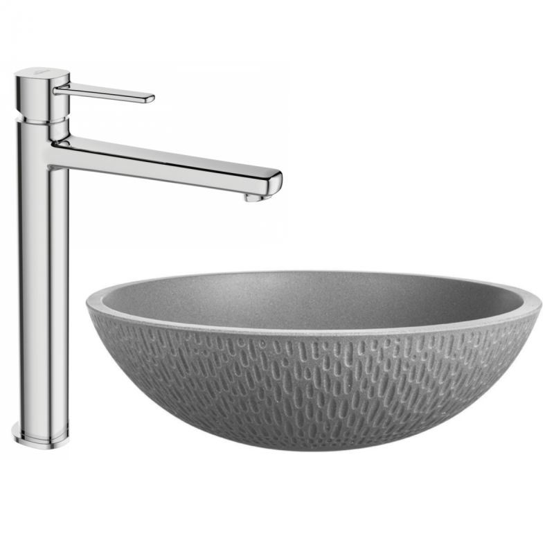 Elegancka Umywalka Granitowa Amber Szara z Chromowaną Baterią Glamour Wysoką