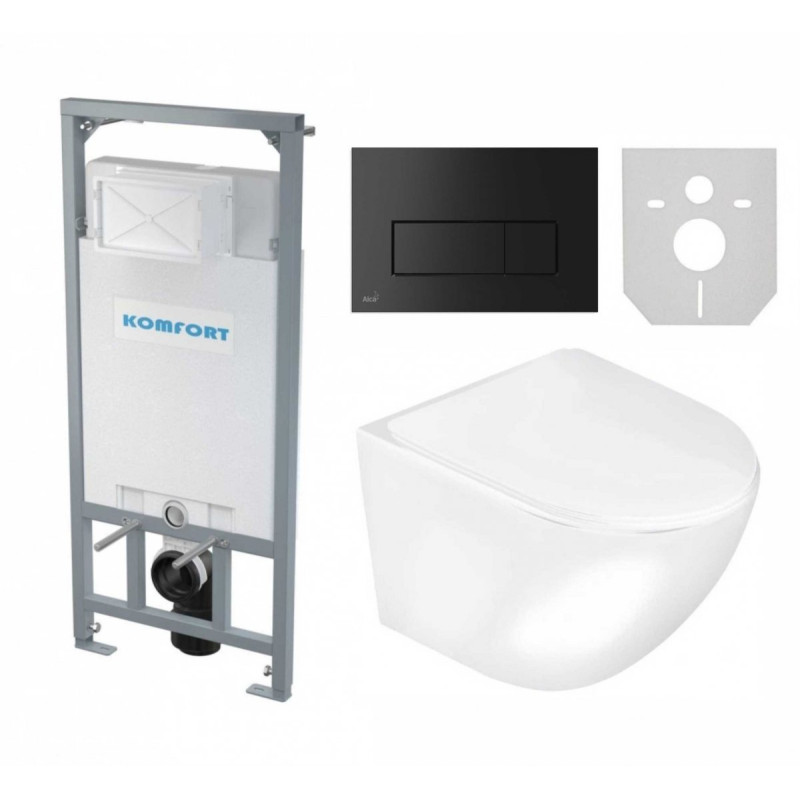 Zestaw WC Premium: Stelaż, Przycisk, Miska wisząca BEZ KOŁNIERZA, Deska SLIM Wolnoopadająca