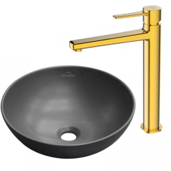 Umywalka Dokos z baterią GLAMOUR Gold – Elegancja w czerni, połyskująca jak marzenie!