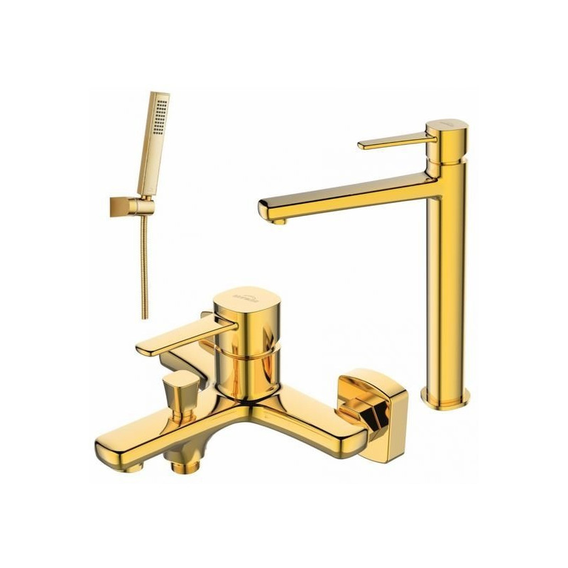 Stylowa bateria GLAMOUR gold do wanny i umywalki z eleganckim zestawem natryskowym