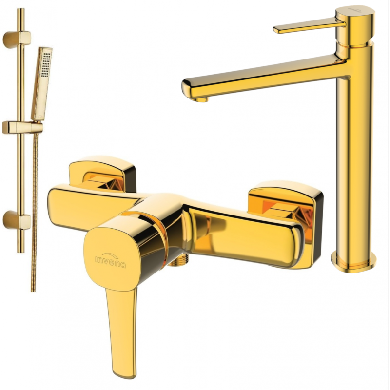Złota Bateria Invena GLAMOUR z Zestawem Prysznicowym na Drążku - Elegancja i Styl