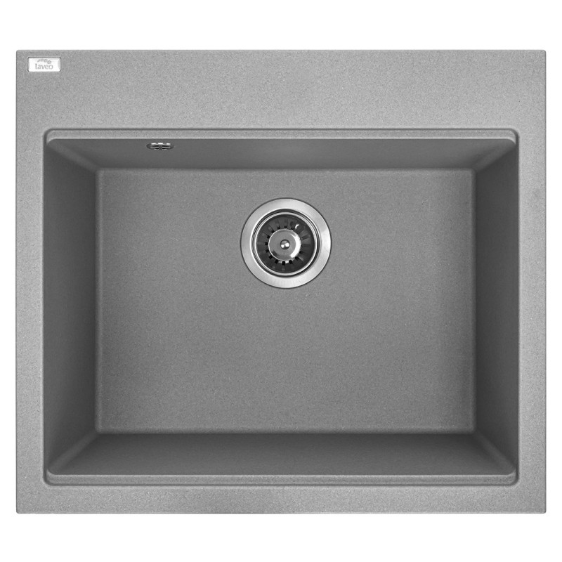 Elegancki szary zlewozmywak granitowy Laveo Tau 50x57 cm z funkcją klik-klak i syfonem Space Saving