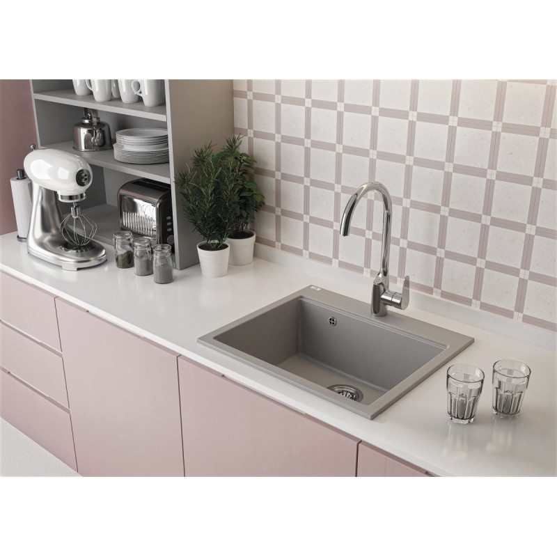 Elegancki szary zlewozmywak granitowy Laveo Tau 50x57 cm z funkcją klik-klak i syfonem Space Saving