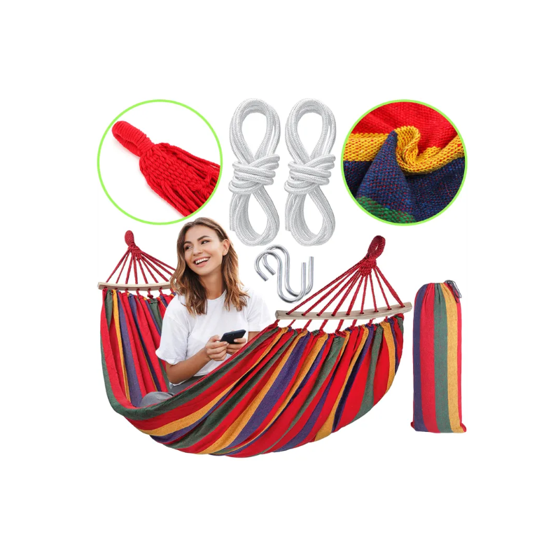 Hamak Dwuosobowy z Poprzeczką w Kolorze Czerwonym - Relaks w Ogrodzie!