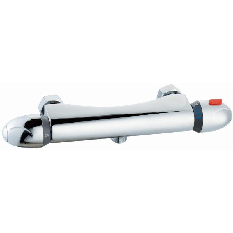 Nowoczesna bateria ścienna MER ROUGE z chromowanym wykończeniem i termostatyczną głowicą VERNET