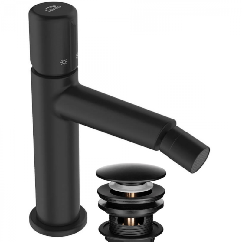 Nowoczesna czarna bateria bidetowa Pretto z funkcją klik-klak i łatwym montażem