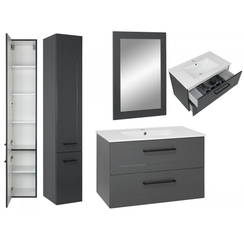 Stylowy Zestaw Mebli Łazienkowych STELLA ANTRACYT 80 - Szafka, Umywalka, Lustro, Słupek!