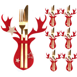 Świąteczne Pokrowce na Sztućce Renifer - Zestaw 6 ozdobnych pokrowców w kolorze czerwonym