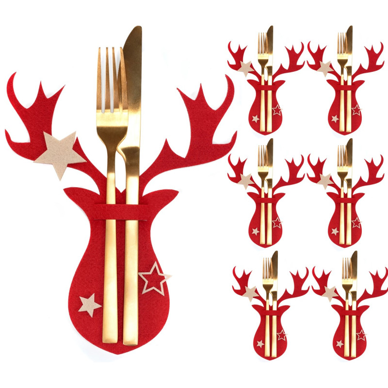 Świąteczne Pokrowce na Sztućce Renifer - Zestaw 6 ozdobnych pokrowców w kolorze czerwonym