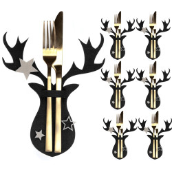 Elegancki Zestaw Reniferowych Pokrowców na Sztućce - Czarny, Komplet 6 sztuk