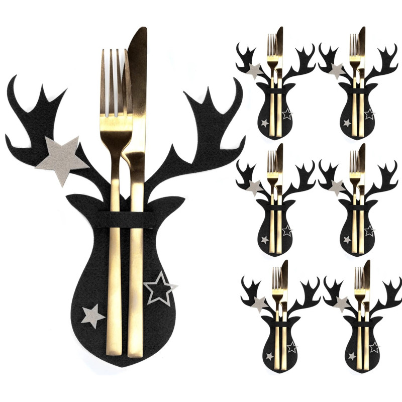 Elegancki Zestaw Reniferowych Pokrowców na Sztućce - Czarny, Komplet 6 sztuk