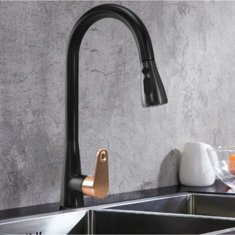 Nowoczesna Bateria Kuchenna MILD - Czarna z Wykończeniem w Kolorze Różowego Złota