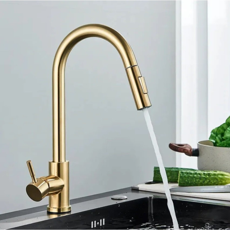 Złota Bateria Kuchenna REA Fresh z Wyciąganą Wylewką - Elegancja i Funkcjonalność