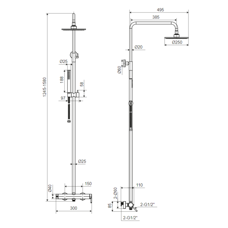 PI zestaw prysznicowy ścienny z deszczownicą 25 cm, złoty szczotkowany
