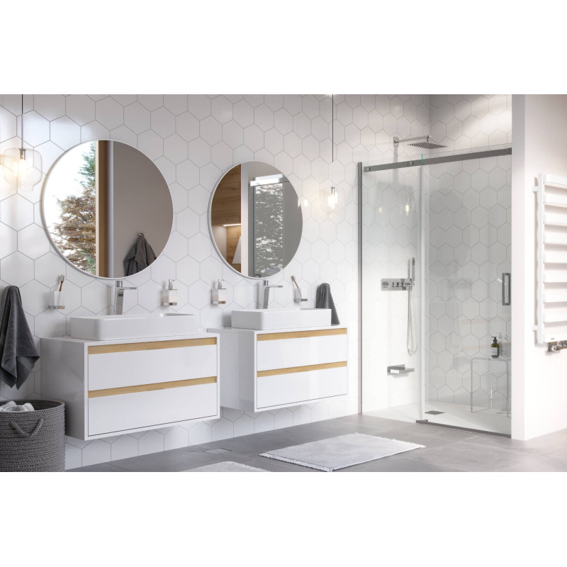 Tuto szafka wisząca 60 cm, podumywalkowa z blatem, 2 szuflady, biały połysk/dąb