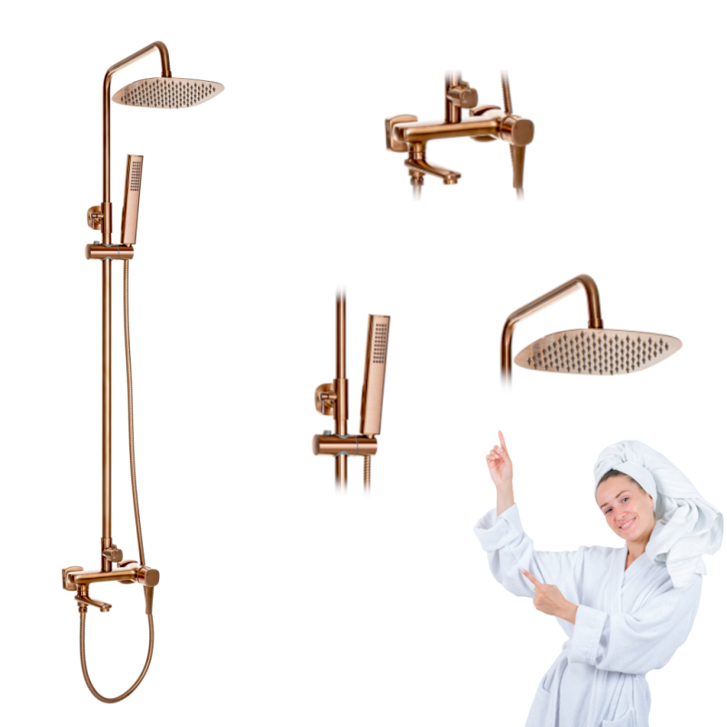 Nowoczesna DESZCZOWNIA INVENA TREND z miedzianą baterią do wanny i prysznica