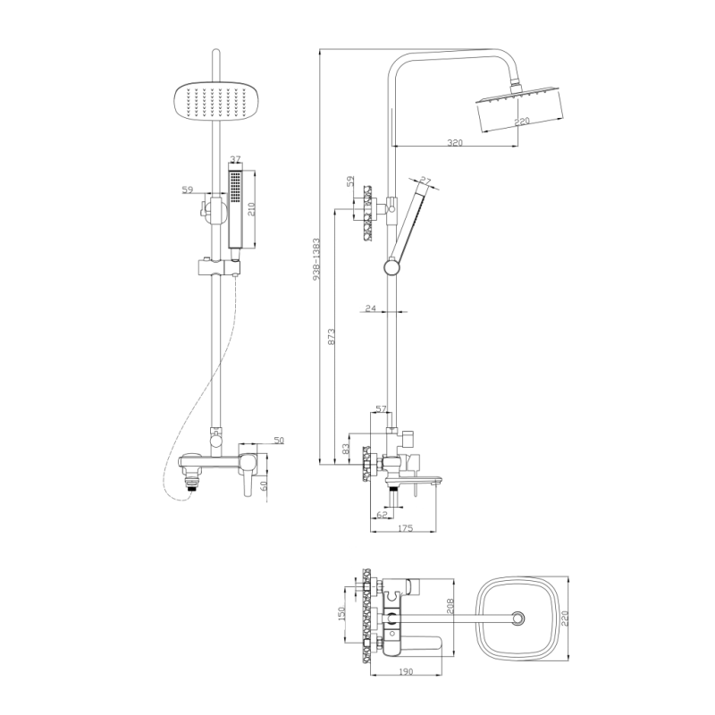 Nowoczesna DESZCZOWNIA INVENA TREND z miedzianą baterią do wanny i prysznica