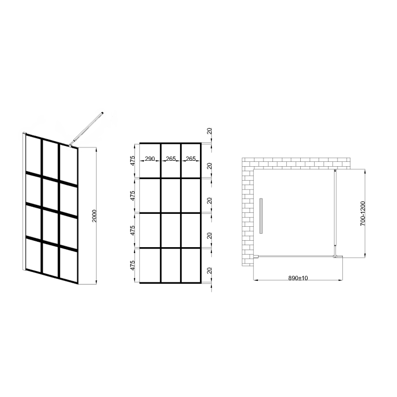 Ekskluzywny Parawan Loftowy 90x200 - Czarna Kratka, 8mm Hartowane Szkło
