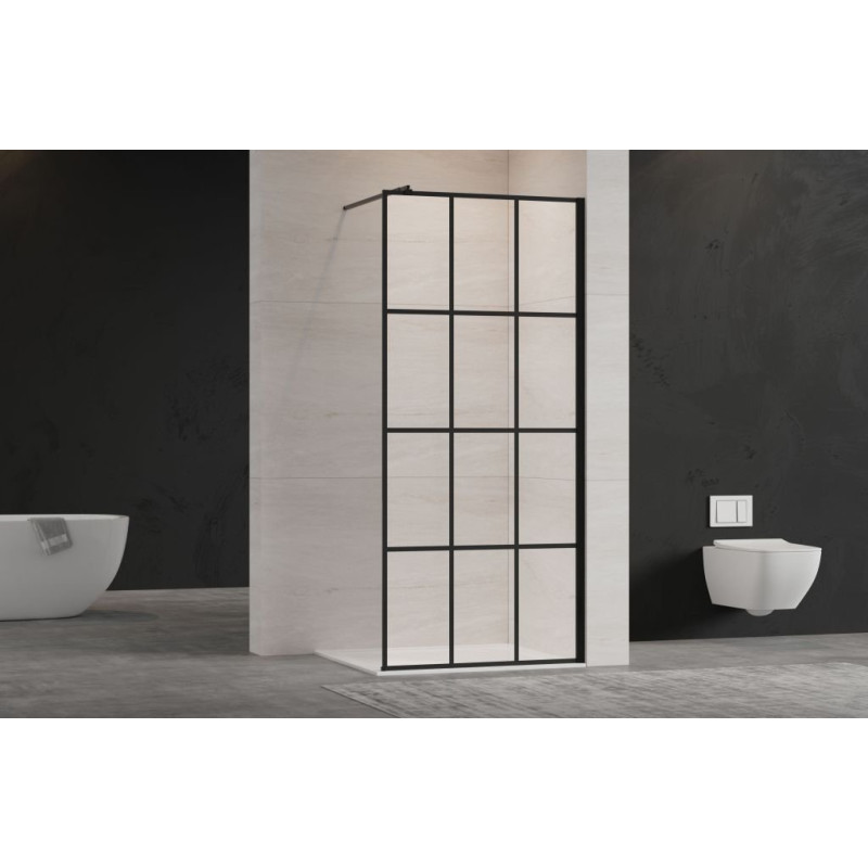 Loftowa Ścianka Walk-In 110x200 Invena, Czarna Kratka, Szkło Hartowane 8mm