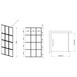Loftowa Ścianka Walk-In 110x200 Invena, Czarna Kratka, Szkło Hartowane 8mm