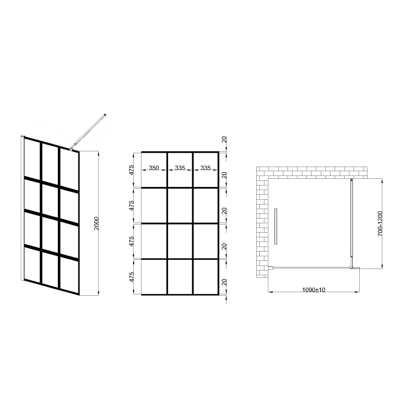 Loftowa Ścianka Walk-In 110x200 Invena, Czarna Kratka, Szkło Hartowane 8mm