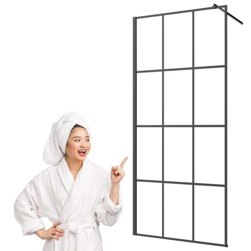 Stylowa Ścianka Walk-In Loftowa 120x200 - Szkło Hartowane 8mm z Czarną Kratą, Invena