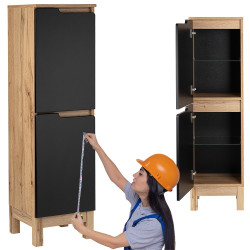 Elegancki Półsłupek Astor Alma 35cm, Dwukolorowy z Półkami Szklanymi, Styl Drewno i Czerń