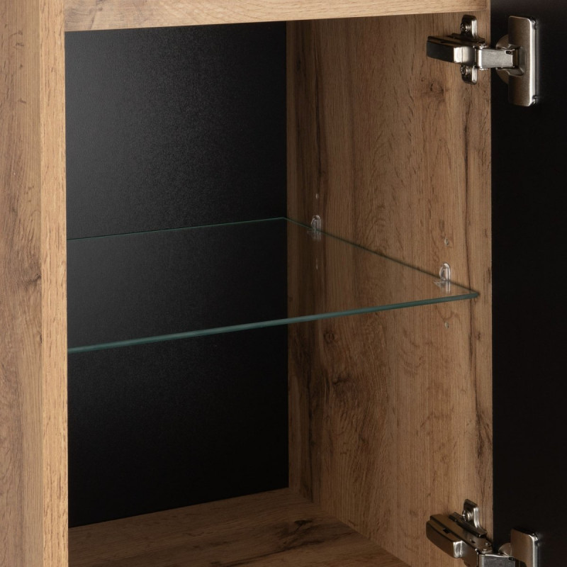 Elegancki Półsłupek Astor Alma 35cm, Dwukolorowy z Półkami Szklanymi, Styl Drewno i Czerń