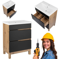 Elegancka Szafka z Umywalką Astor Alma 60 cm - Czarny Wotan + Szuflady