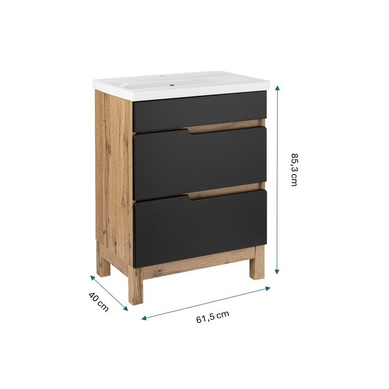 Elegancka Szafka z Umywalką Astor Alma 60 cm - Czarny Wotan + Szuflady