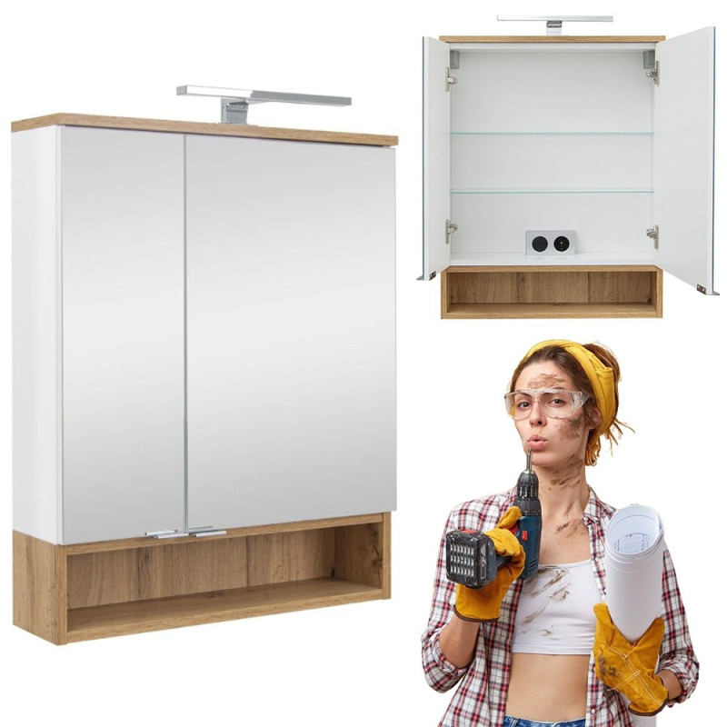 Lustrzana Szafka Astor Nelle 60 cm, LED & Gniazdko, Stylowa Elegancja w Bieli