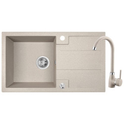 Nowoczesny beżowy zlewozmywak granitowy Barbados 1-komorowy 44x76 cm z baterią i syfonem
