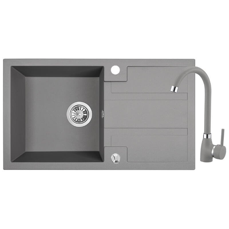 Granitowy zlewozmywak Barbados 1-kom. + bateria, szary 44x76 cm - styl i funkcjonalność