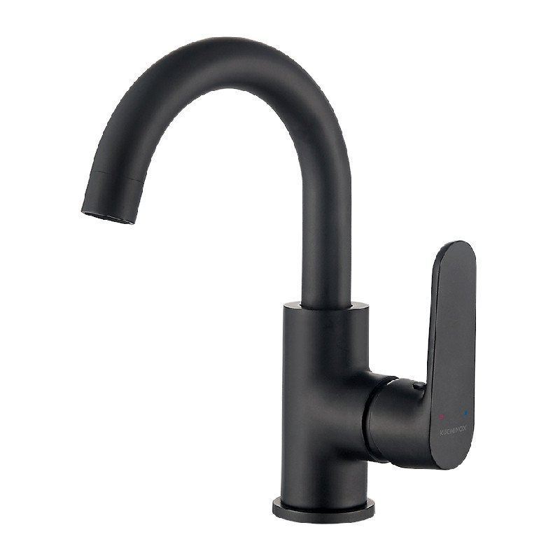 Elegancka bateria umywalkowa Dima w czarnym macie z ruchomą wylewką "U"