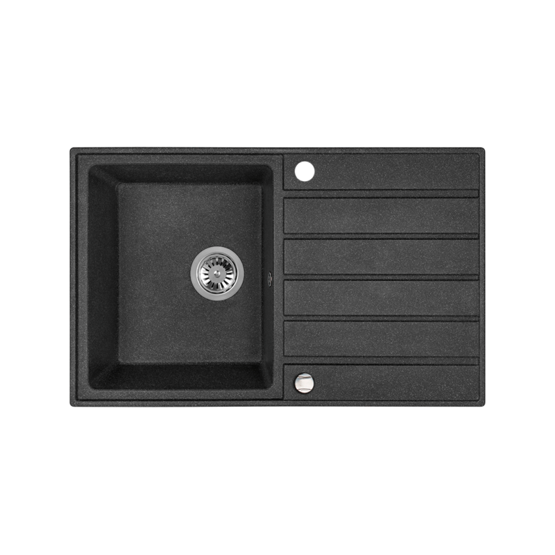 Stylowy zlewozmywak Margarita: trwały, czarny, 1-komorowy z ociekaczem i syfonem.