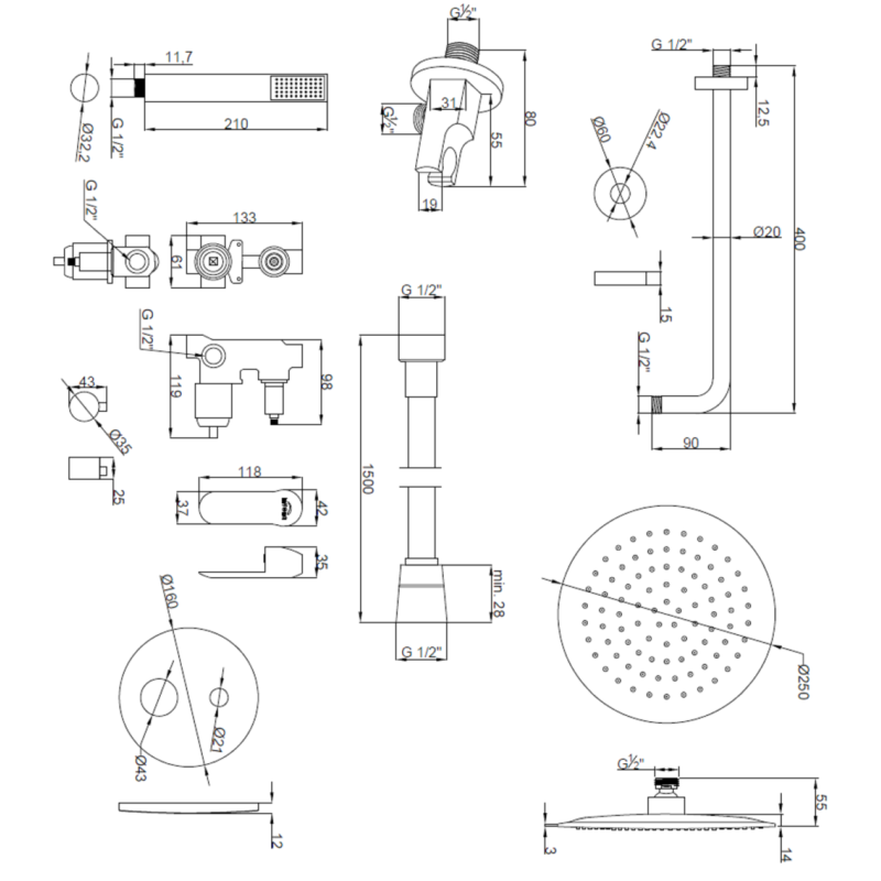 Podtynkowy Zestaw Prysznicowy Siros Invena, Czarny, 2-funkcyjny, BS-90-012
