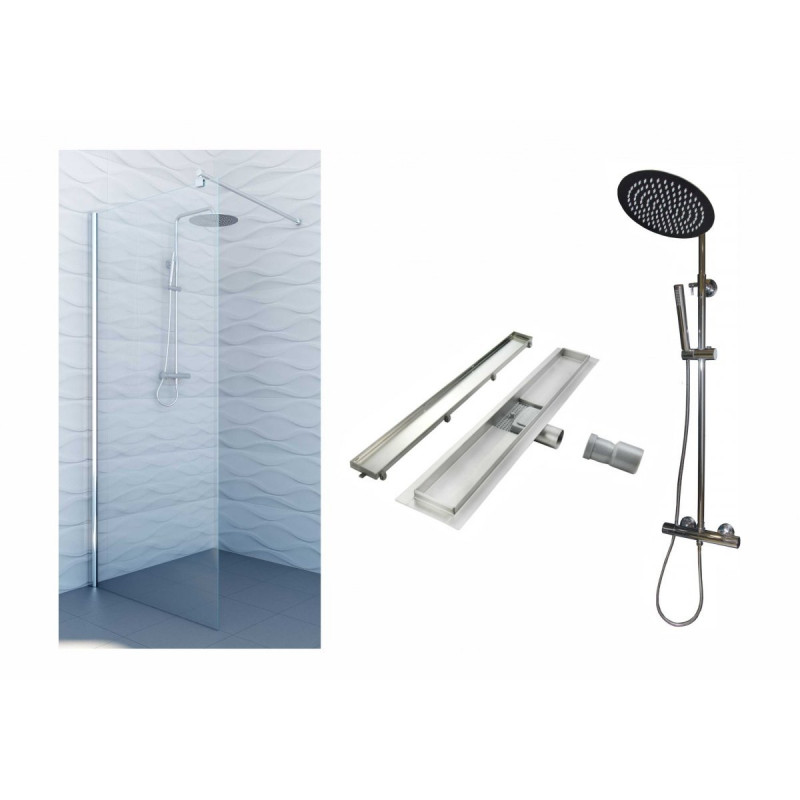 Kompletny Zestaw Prysznicowy DUSO 85: Ścianka, Odpływ Linie 50 cm, Deszczownica EMI