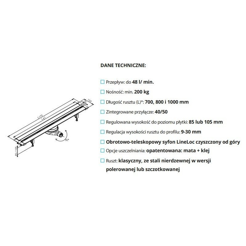 Ekskluzywny odpływ liniowy EASY LINE 1000 mm – elegancka klasa szczotkowana