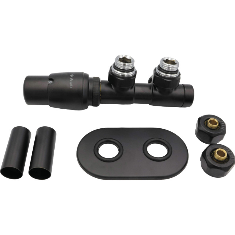 Termostatyczny zawór kątowy czarny lewy do grzejnika z głowicą termostatyczną 30°C/8°C