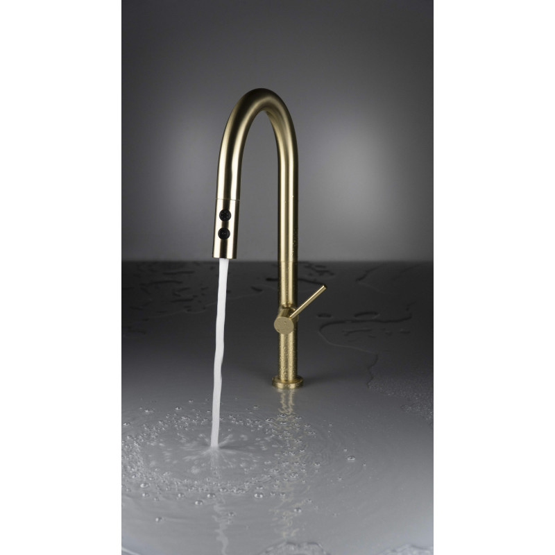 Ekskluzywna złota bateria kuchenna z wyciąganą wylewką i dwoma strumieniami