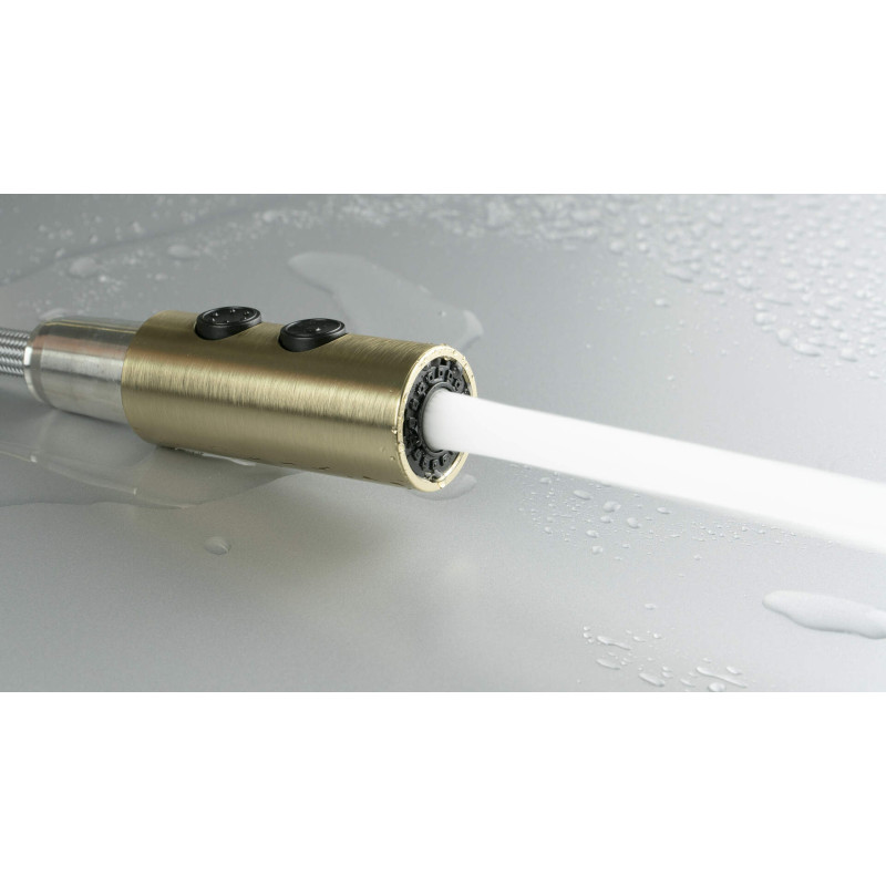 Ekskluzywna złota bateria kuchenna z wyciąganą wylewką i dwoma strumieniami