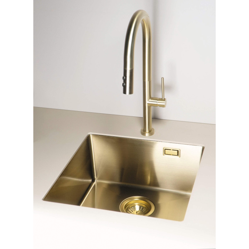 Ekskluzywna złota bateria kuchenna z wyciąganą wylewką i dwoma strumieniami