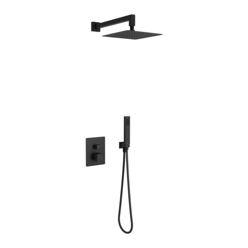 Keria zestaw prysznicowo-wannowy podtynkowy z deszczownicą 25 x 25 cm, 3 funkcyjny, termostatyczny, czarny mat