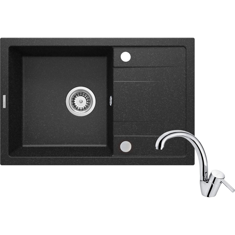 Zlewozmywak Granitowy z Baterią, Grafit Mat, Odwracalny, Komplet z Osprzętem, 1-komora, 500mm