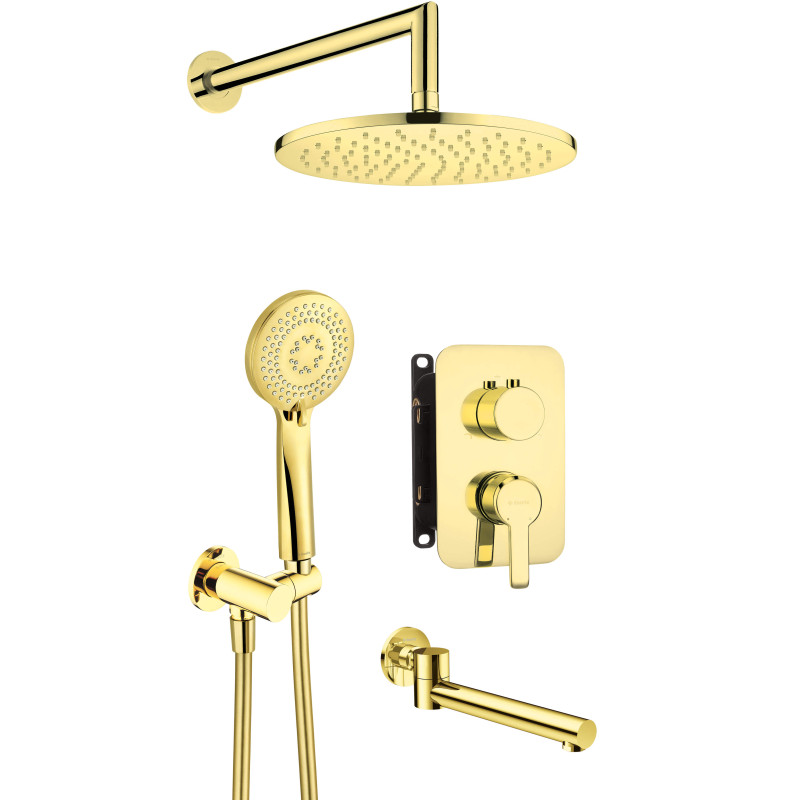 Luksusowy Złoty Zestaw Prysznicowy Podtynkowy z Wylewką i Deszczownicą Duo-Rain