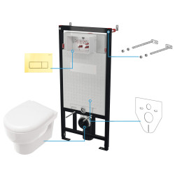 Ekskluzywny Zestaw WC Podtynkowy z Złotym Przyciskiem, Wiszącą Miską i Wolnoopadającą Deską