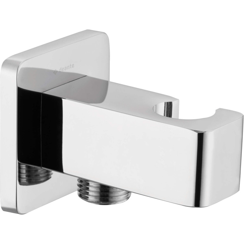 Chromowane przyłącze kątowe z uchwytem na słuchawkę, kwadratowe, mosiądz, montaż podtynkowy