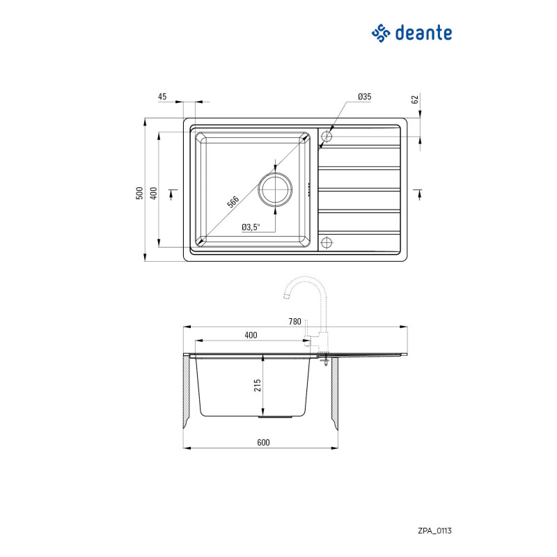 Zlewozmywak stalowy satynowy 1-komorowy z ociekaczem, odwracalny, 780x500 mm, z osprzętem