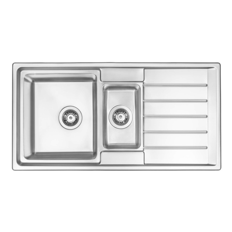 Elegancki stalowy zlewozmywak 1.5-komorowy z ociekaczem i osprzętem, satyna, wpuszczany