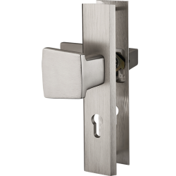 Elegancka klamka FLOKO ze szyldem długim - lewa, satyna, do drzwi zewnętrznych.